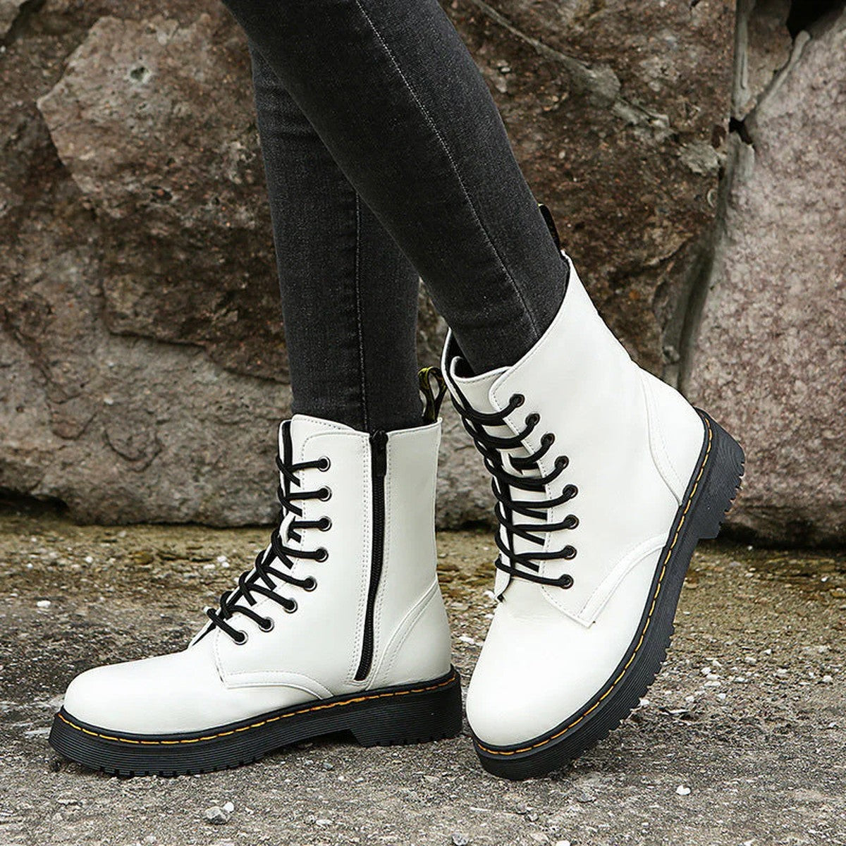 Chunky Platform Ankle Combat Boots with Lace Up and Side Zipper