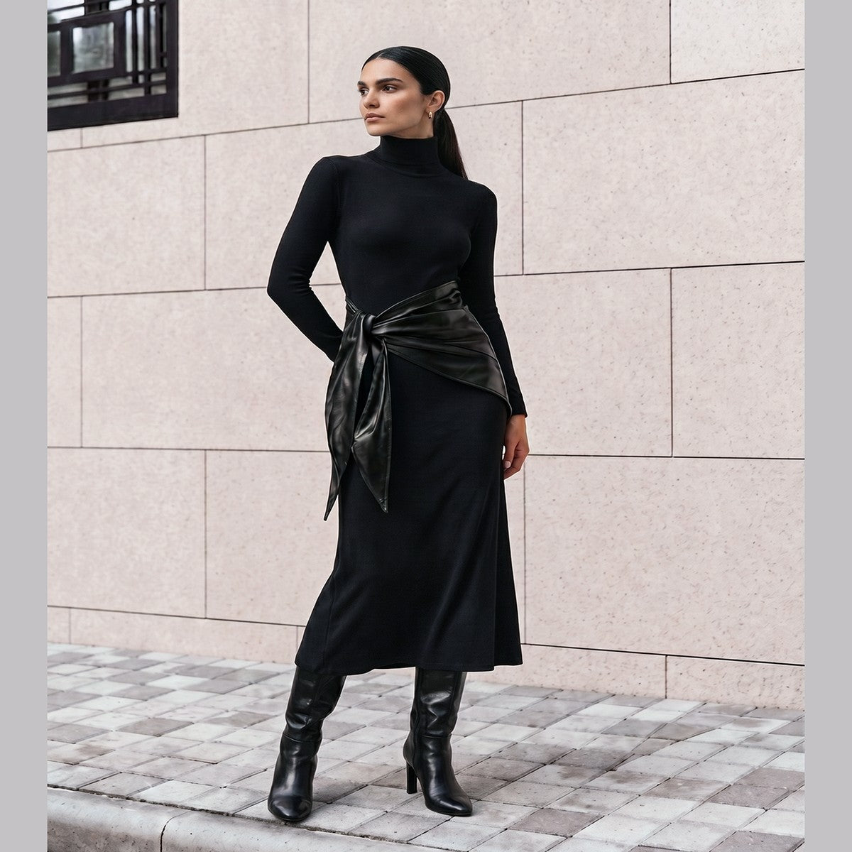 Long Sleeve Knit Maxi Dress with Faux Leather Belt and Patch Pockets
