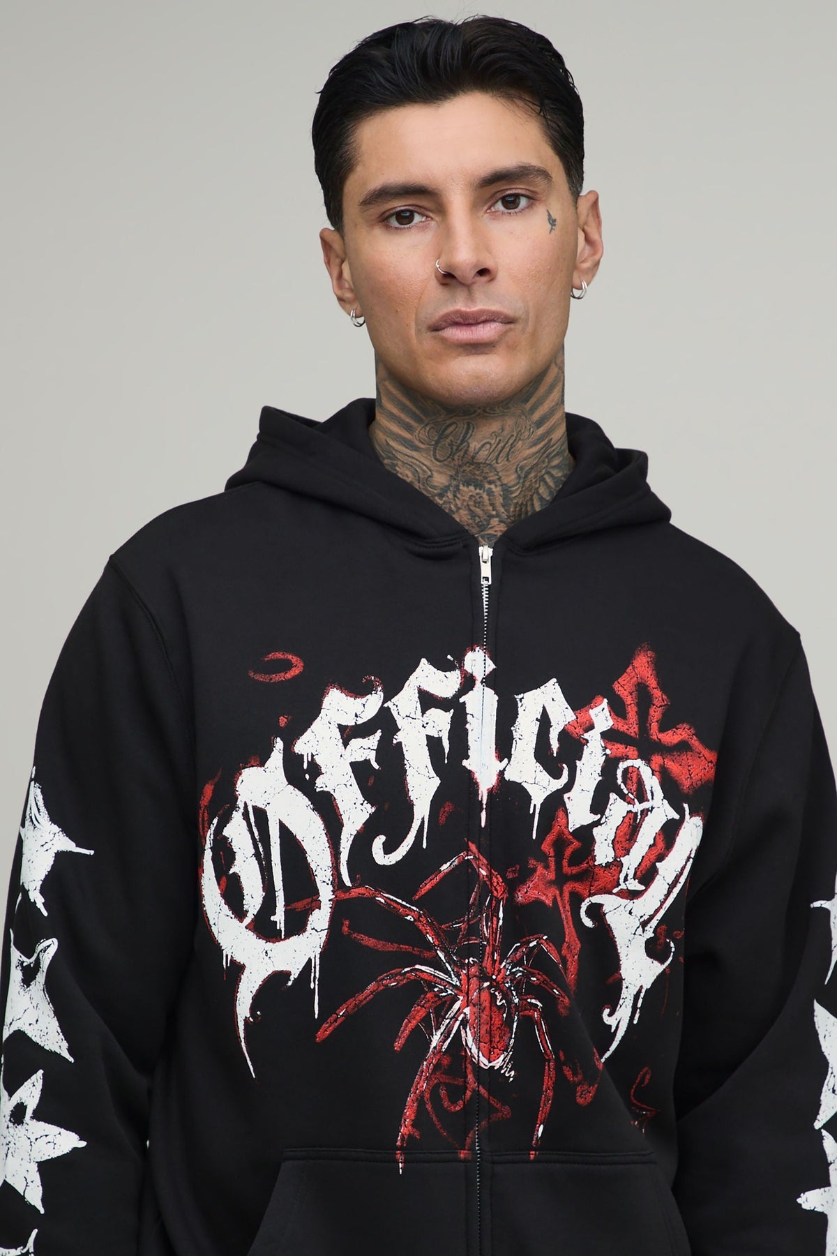 Casual Long Sleeve Zip Up Hoodie with Spider Graphic Doodle Print