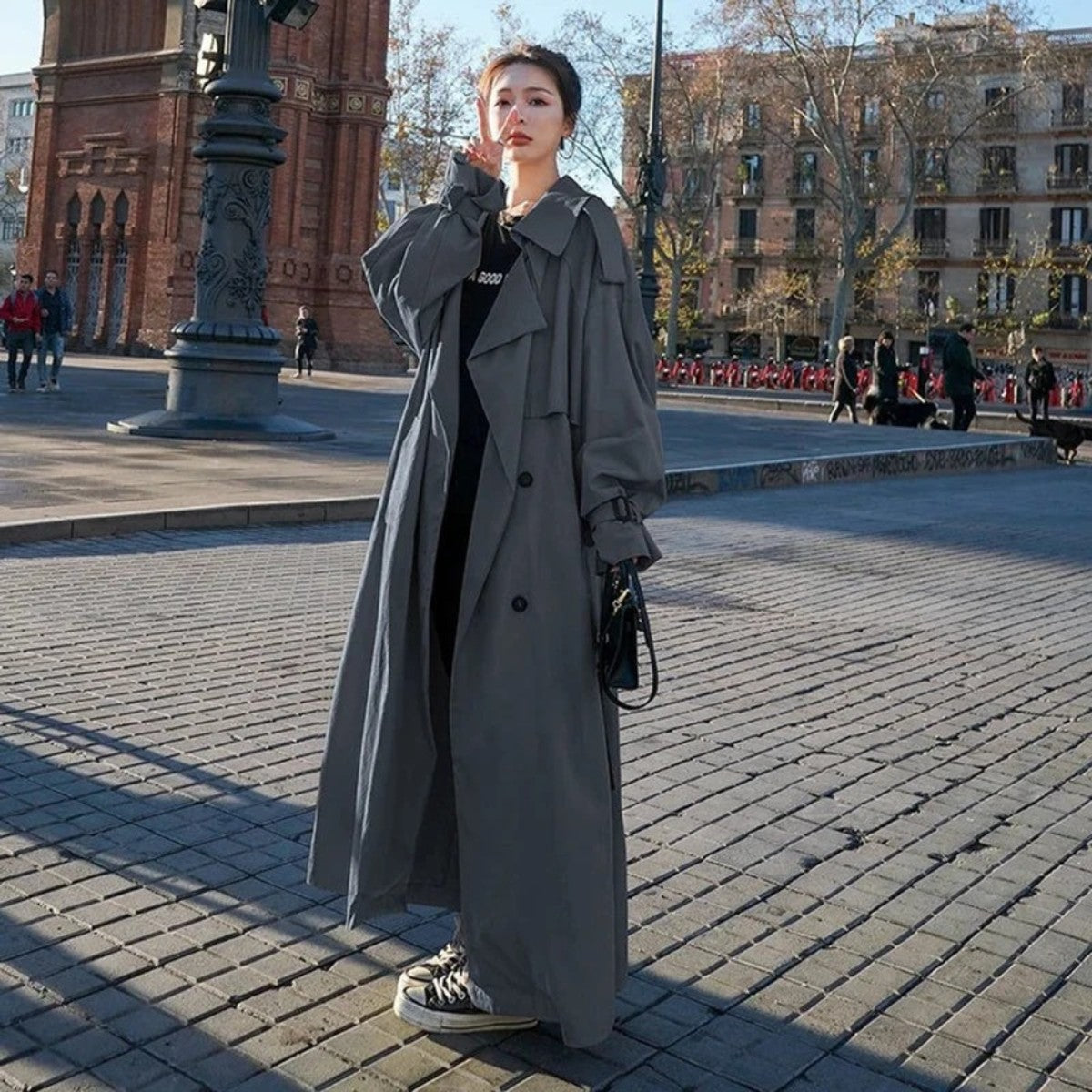 Double Breasted Long Maxi Trench Coat with Waist Belt for Women