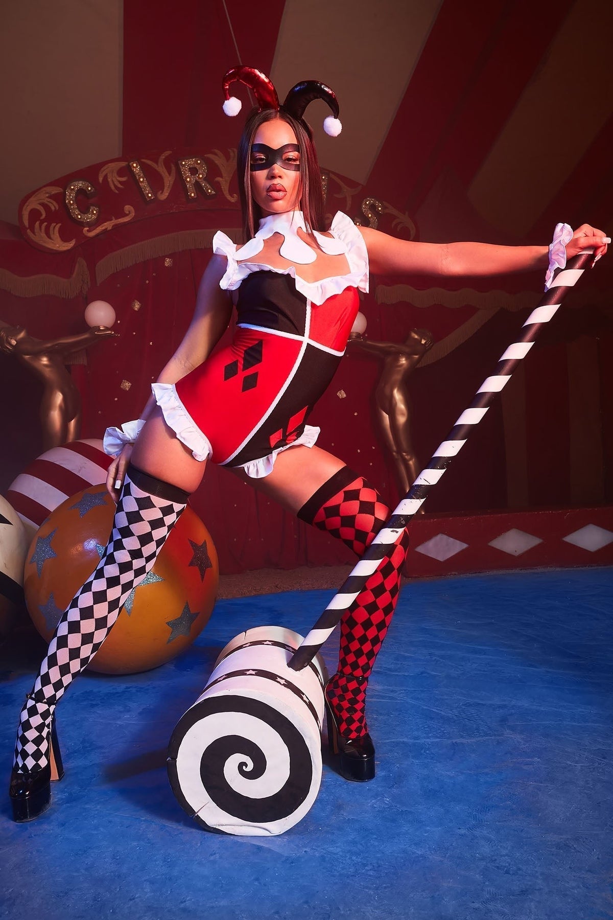 Red and Black Comic Costume Set with Bodysuit, Stockings, Mask and Accessories