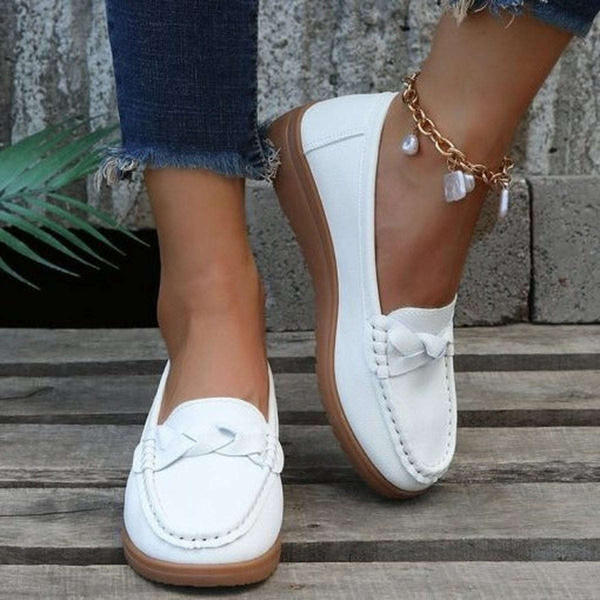 Casual Pointed Toe Slip on Moccasins with Perforated Leather and Flexible Sole
