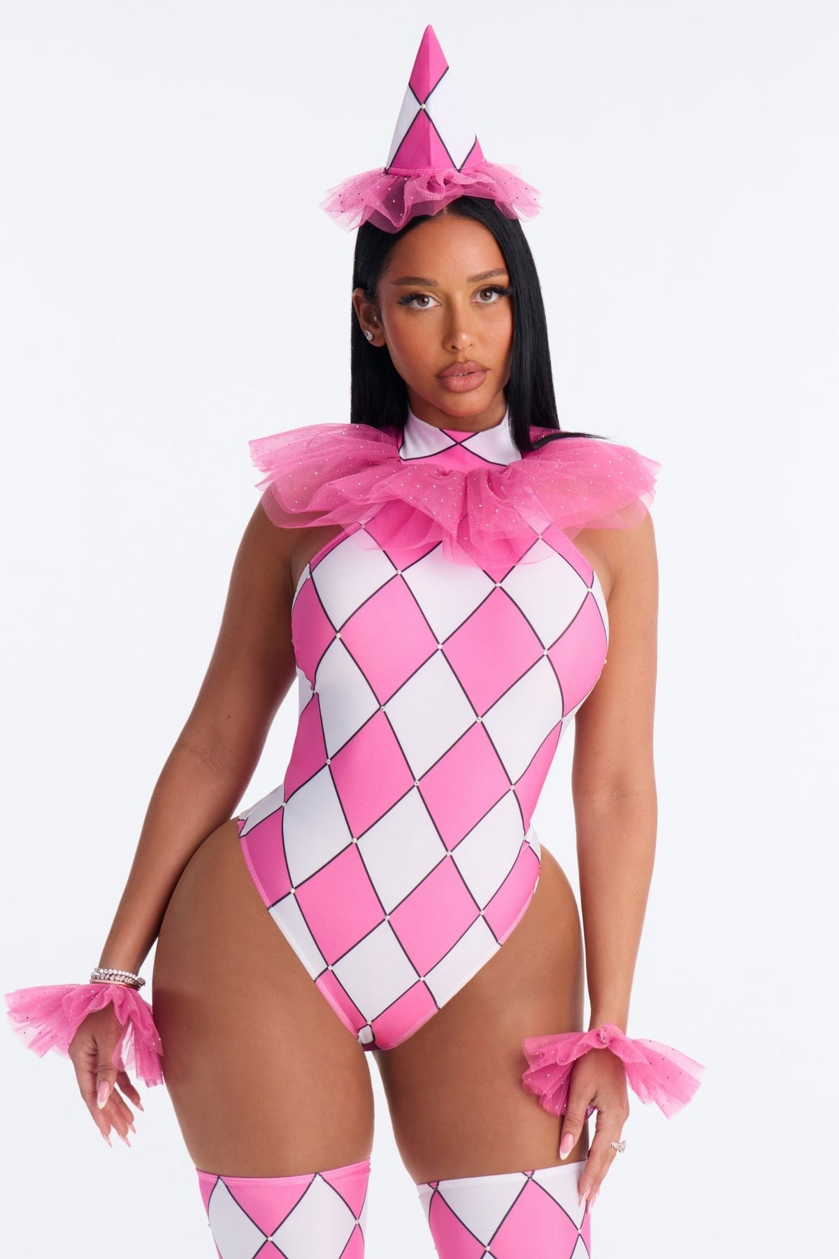 Women Clown Romper Costume with Tiered Collar and Pom Pom Accents