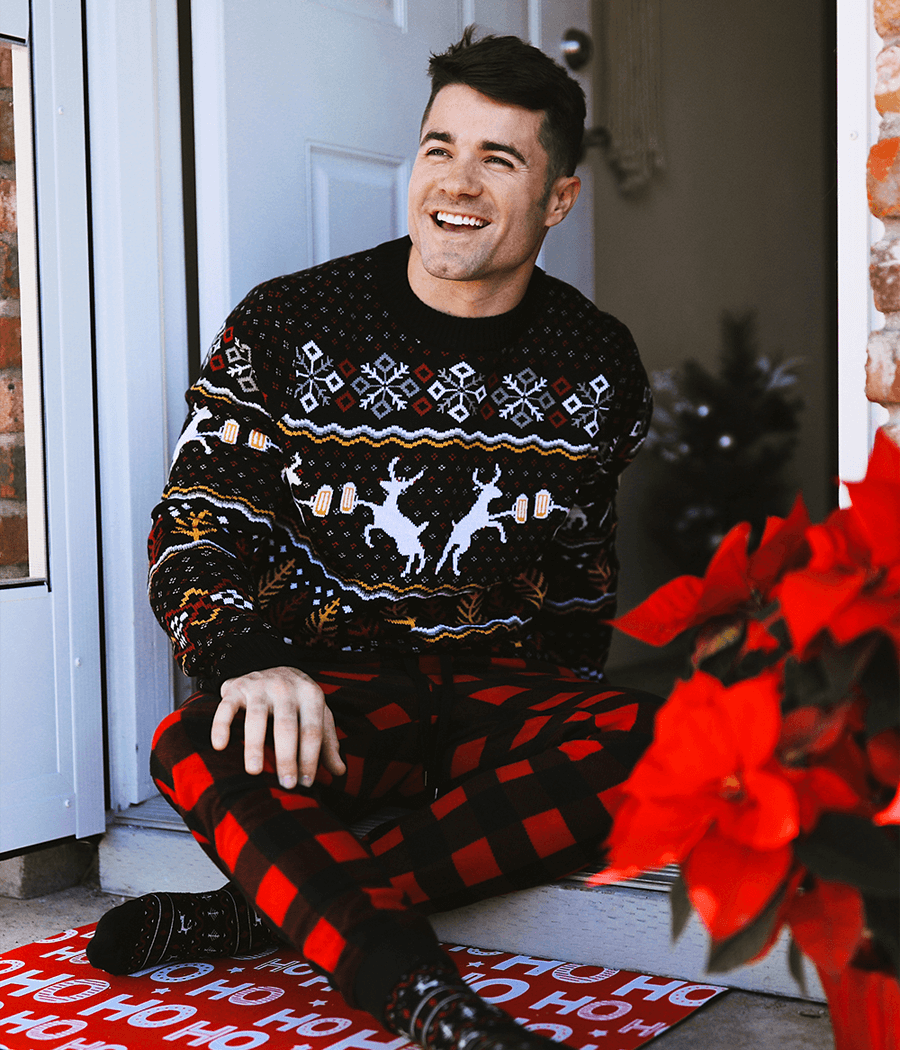 Men's Pullover Sweater with Festive Deer and Evergreen Pattern, Crew Neck