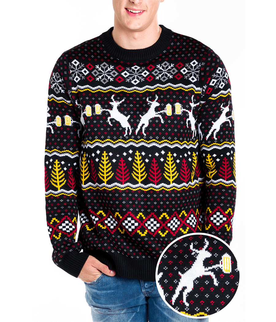 Men's Pullover Sweater with Festive Deer and Evergreen Pattern, Crew Neck