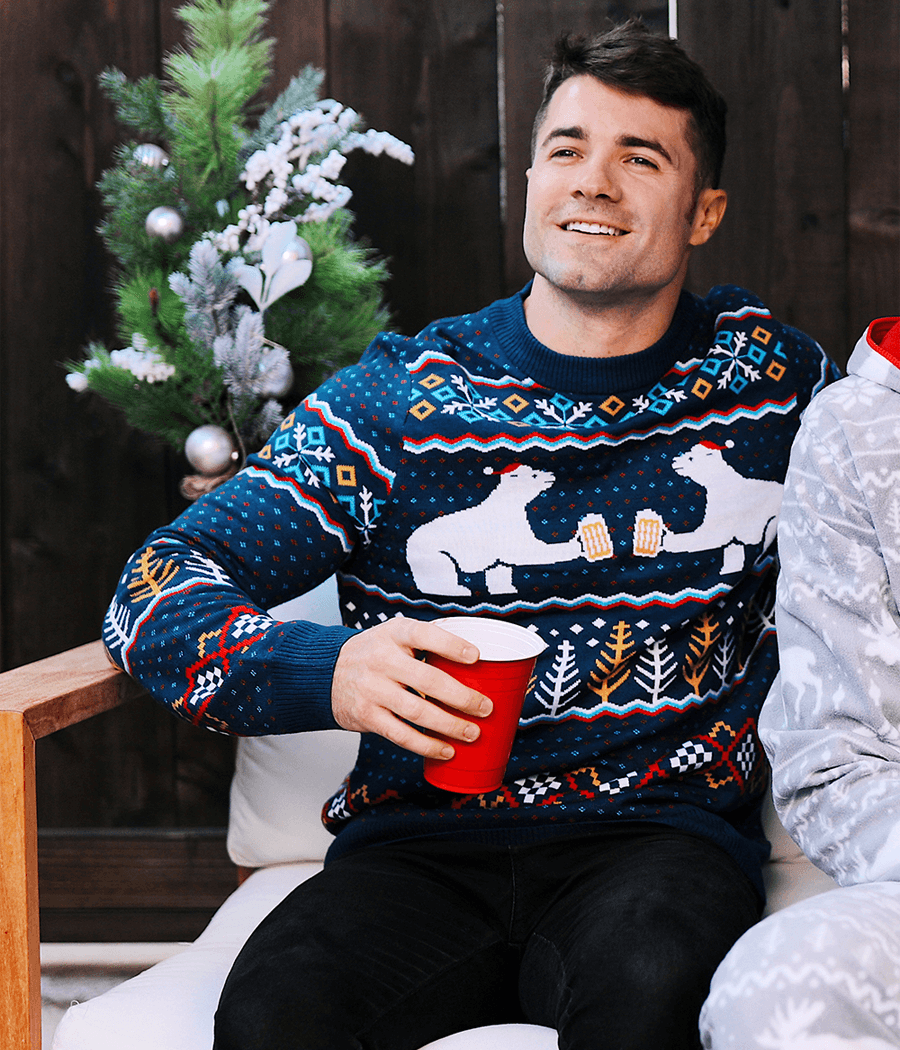 Men's Crewneck Pullover Sweater with Polar Bear Party Scene and Fair Isle Pattern