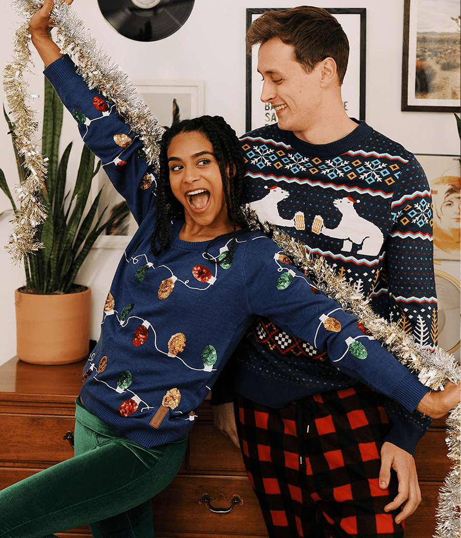 Men's Crewneck Pullover Sweater with Polar Bear Party Scene and Fair Isle Pattern