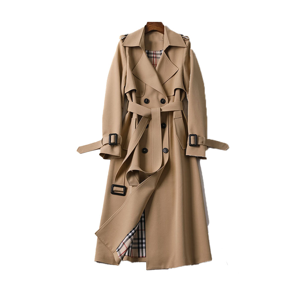 Women's Trench Coat with Adjustable Belt and Double-Breasted Buttons, Moisture-Resistant