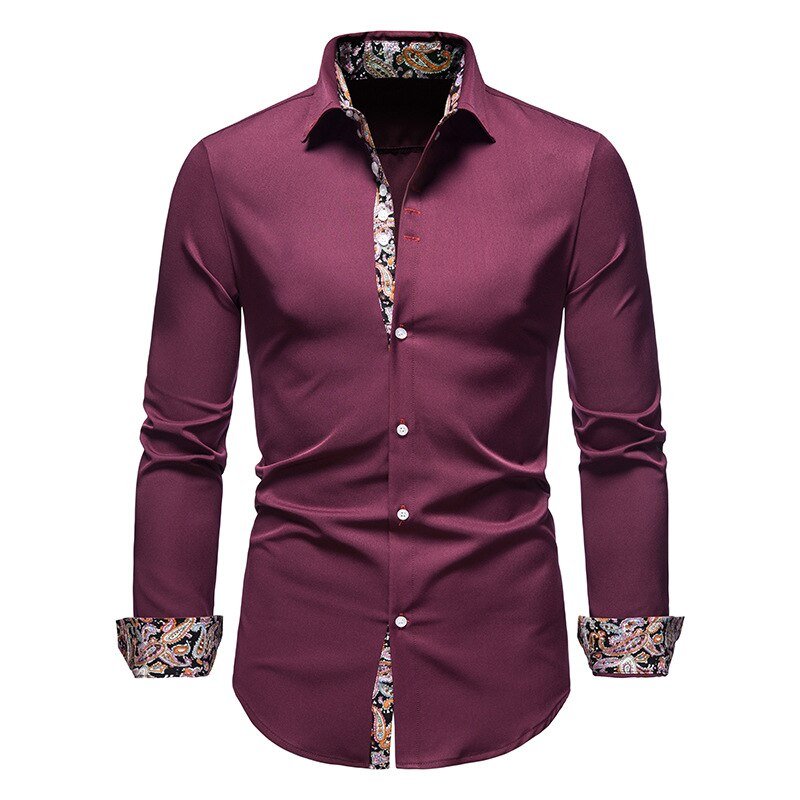 Men's White Shirt with Tailored Fit and Contrasting Floral Cuffs, Lightweight Woven