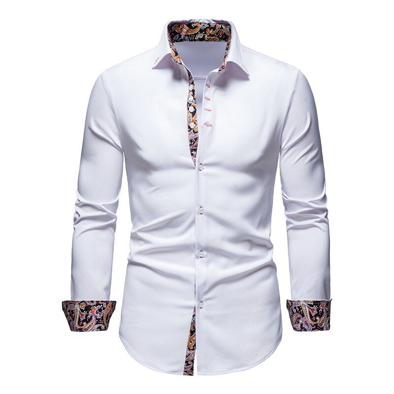 Men's White Shirt with Tailored Fit and Contrasting Floral Cuffs, Lightweight Woven
