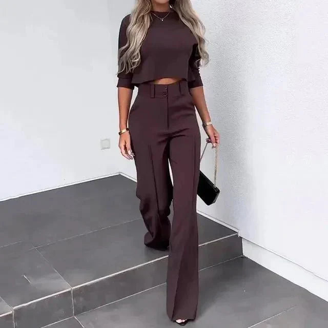 Women's Two-Piece Set with Cropped Top and High-Waist Trousers, Lightweight Tailoring