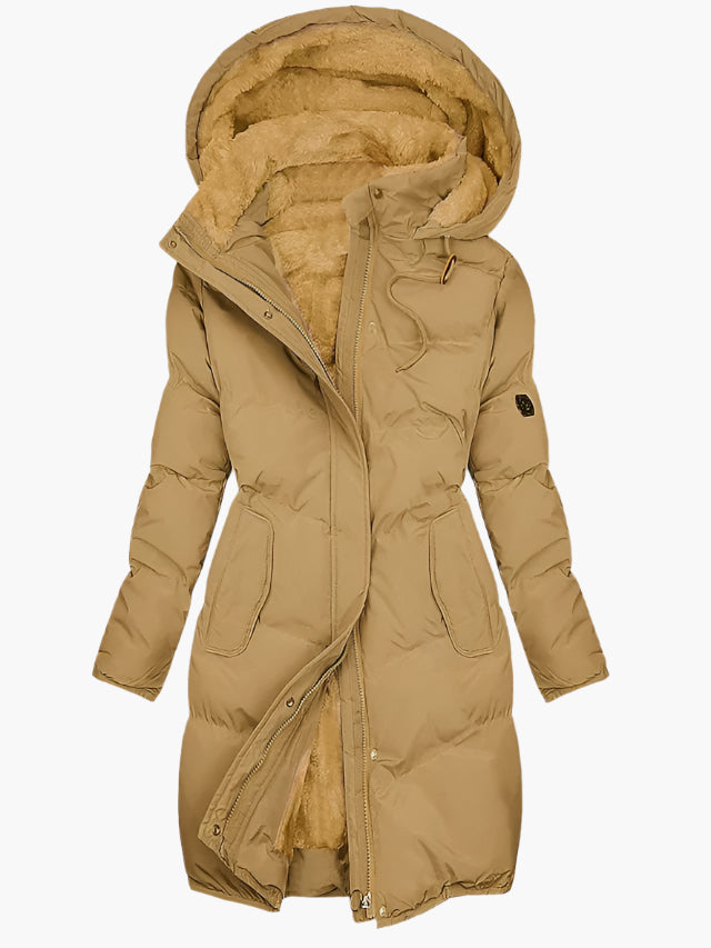 Long Quilted Coat for Women with Plush Hood and Fleece Lining, Zipper Front