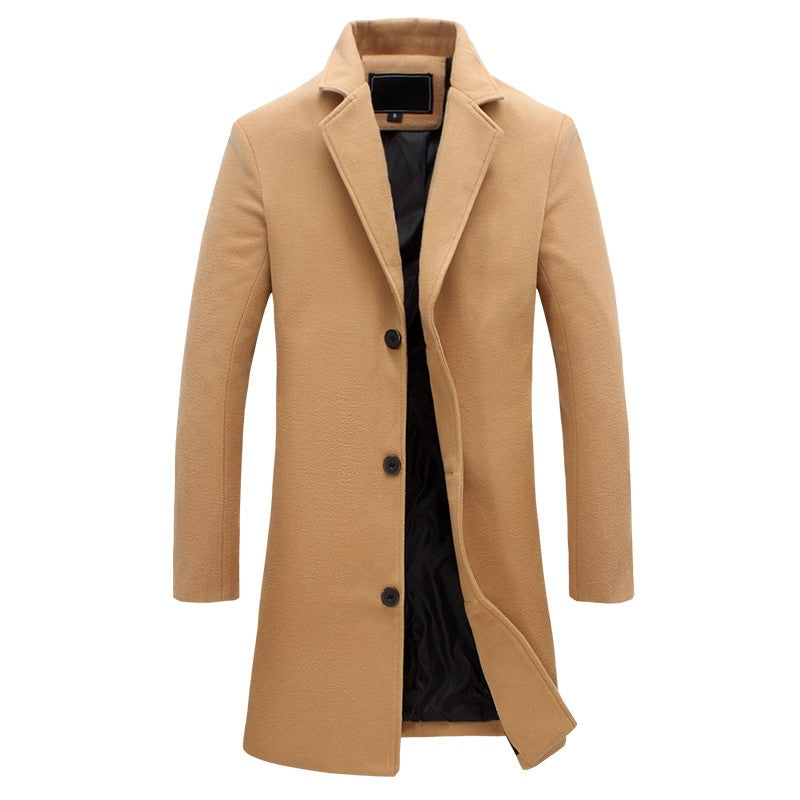 Men's Long Overcoat with Button Front and Smooth Interior Lining, Tailored Cut
