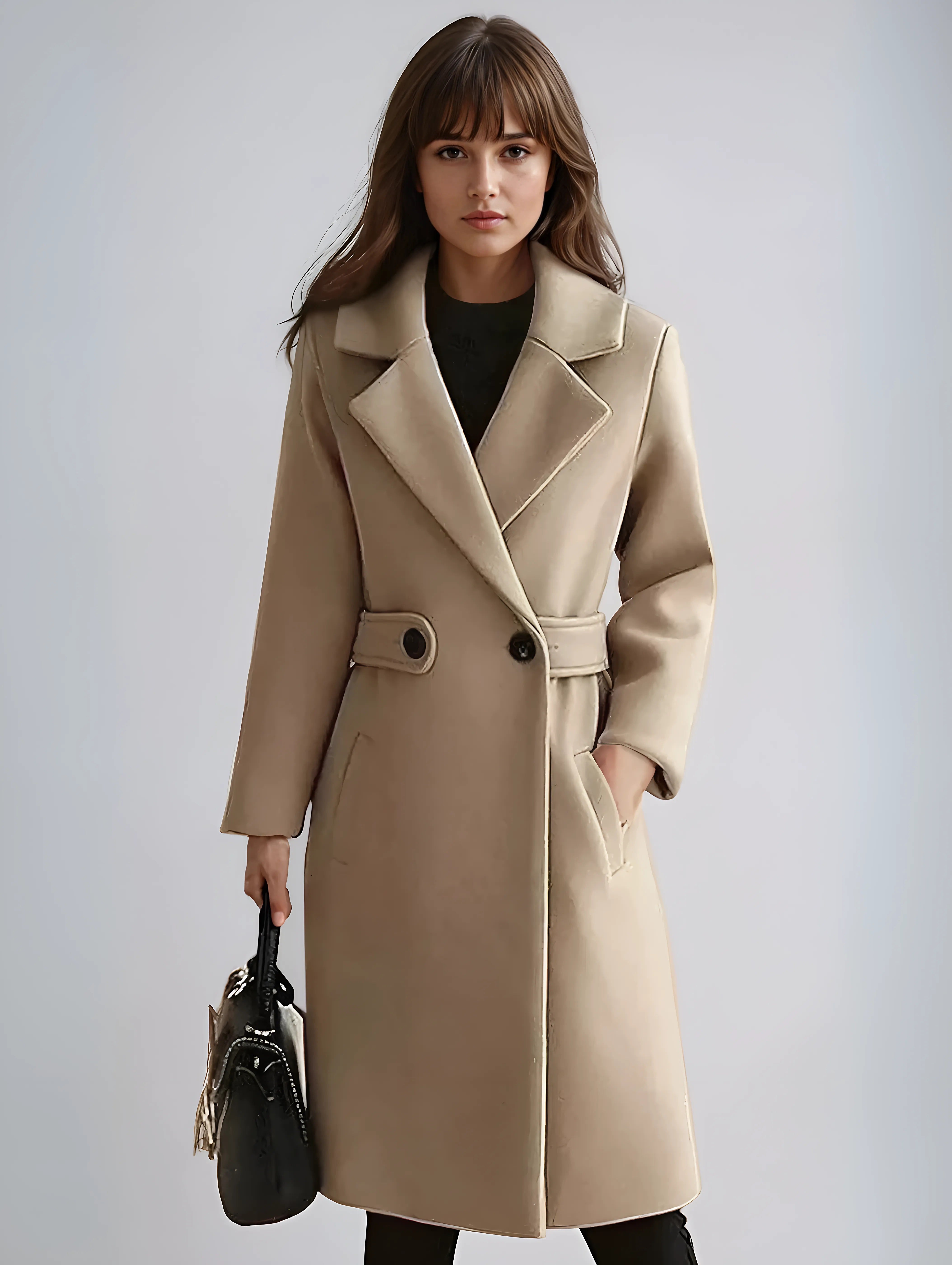 Long Formal Trench Coat for Women with Notched Lapel and Structured Waist