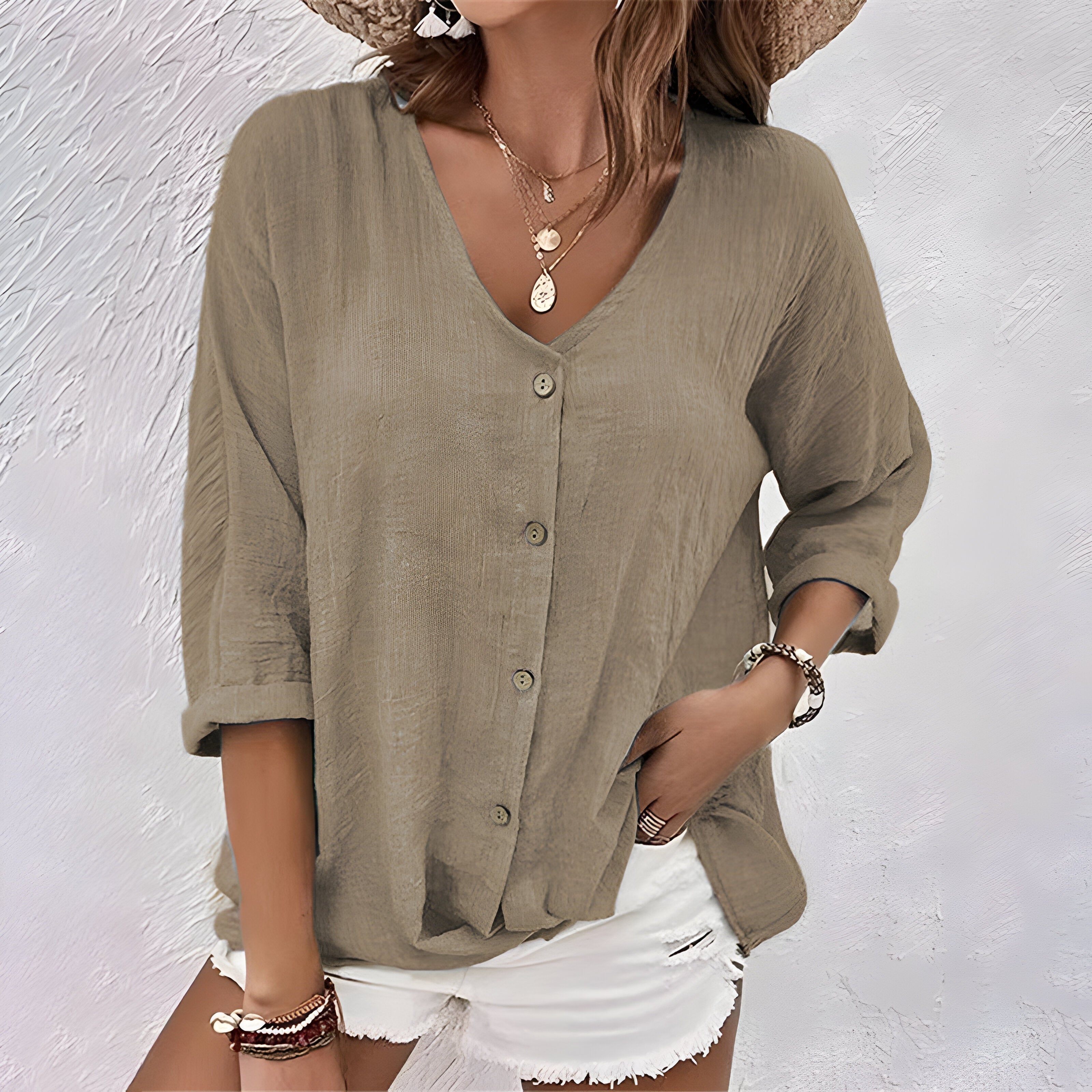 Women's Button-Up Blouse with V-Neck and Roll Sleeves, Lightweight Woven Fabric
