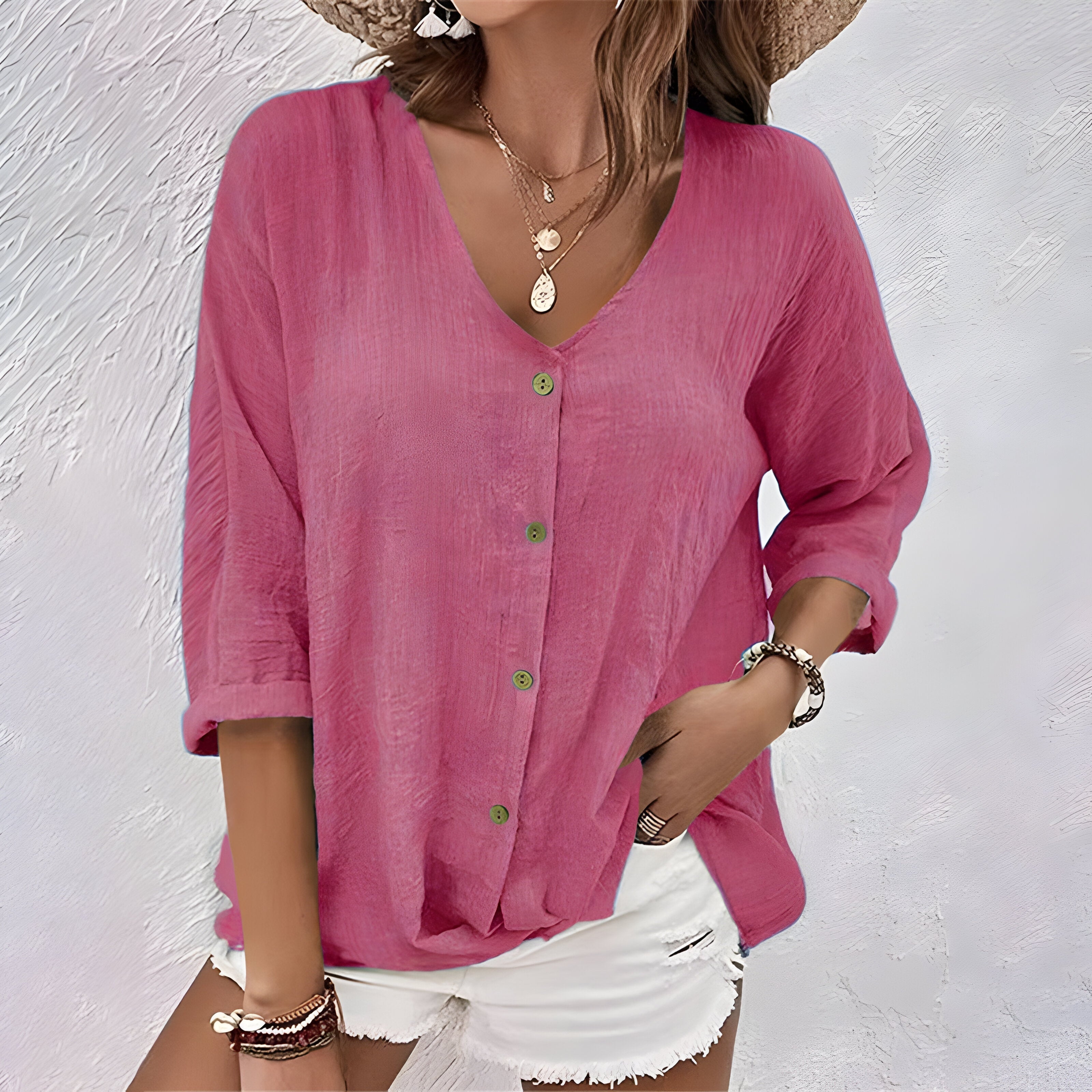 Women's Button-Up Blouse with V-Neck and Roll Sleeves, Lightweight Woven Fabric