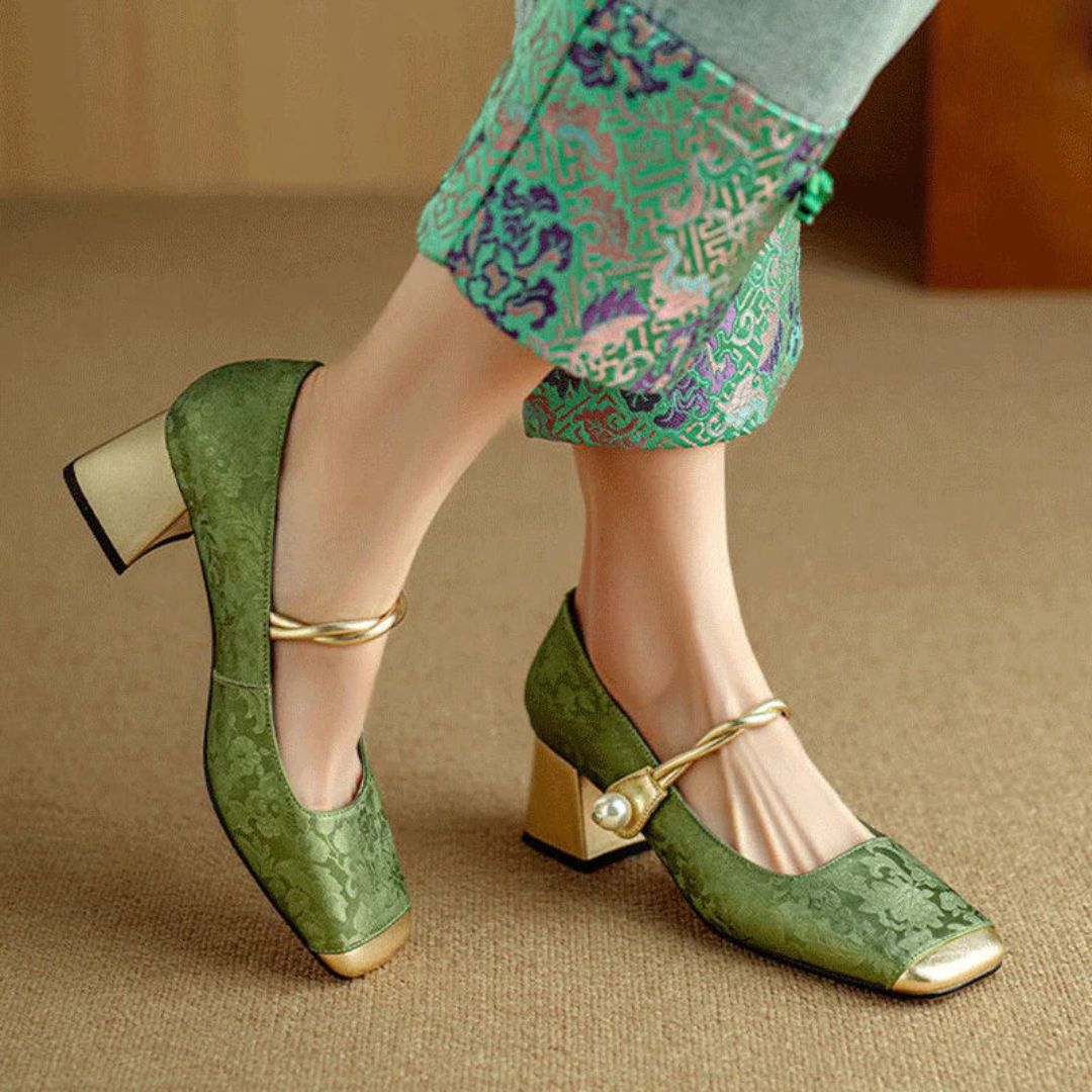 Women's Gold Heels with Pearl Twist Strap and Padded Insole, Square Toe Floral