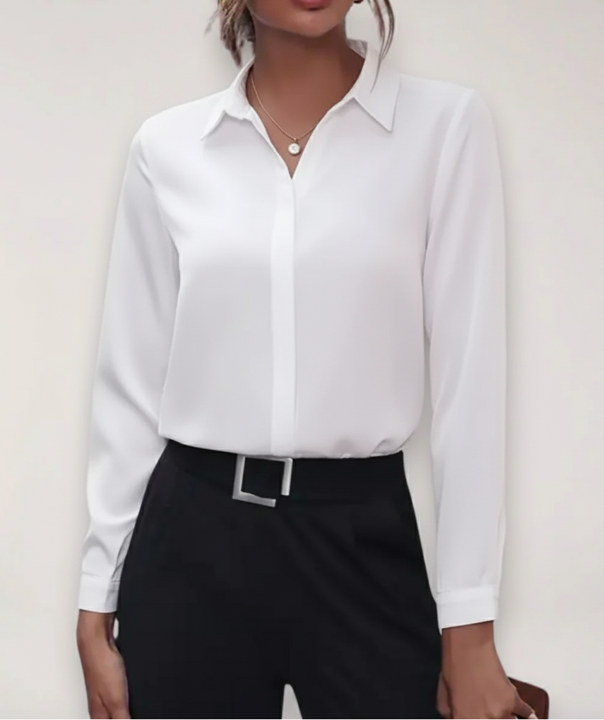Button-Up Blouse with Classic Collar and Tapered Waist, Machine Washable