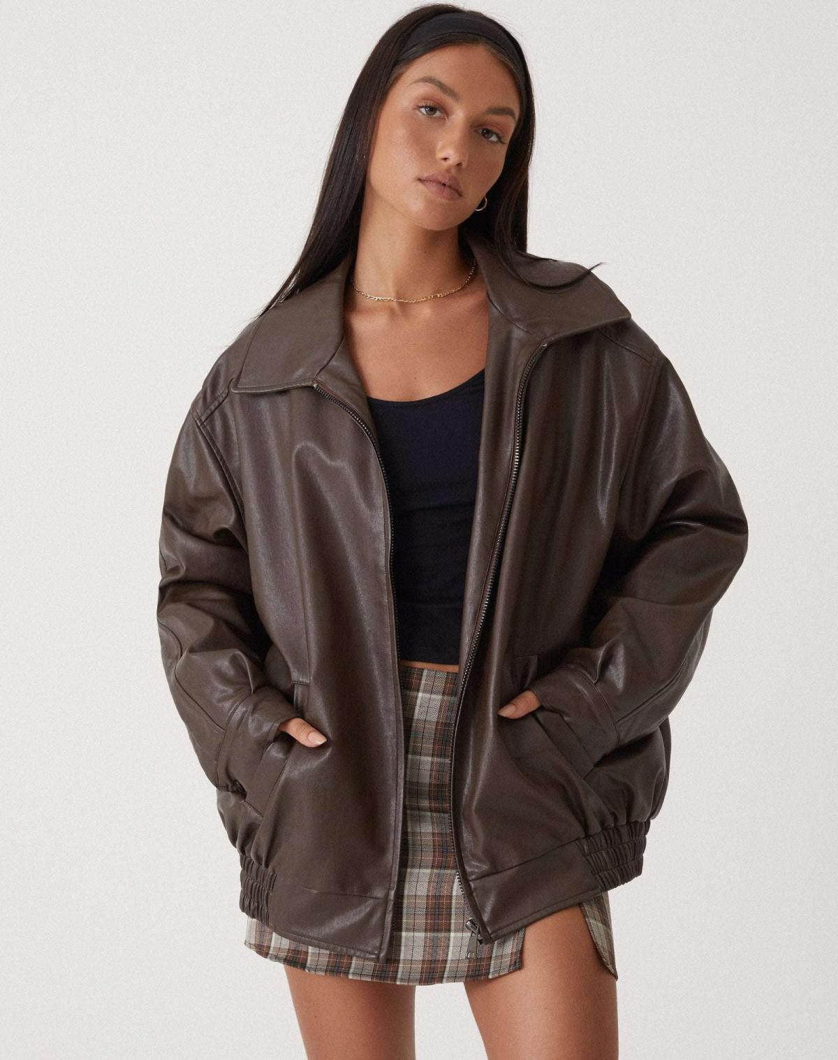 Oversized Leather Bomber Jacket with Boxy Dropped Shoulders and Elastic Hem for Women