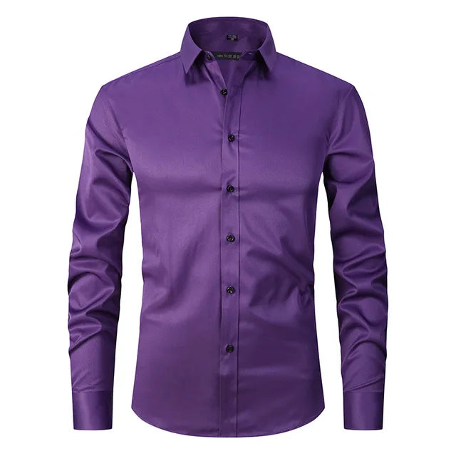 Men's Slim-Fit Long Sleeve Shirt with Breathable Cotton Blend and Full Button Front