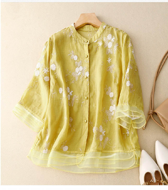 Women's Long Sleeve Blouse with Delicate Floral Embroidery and Relaxed Fit