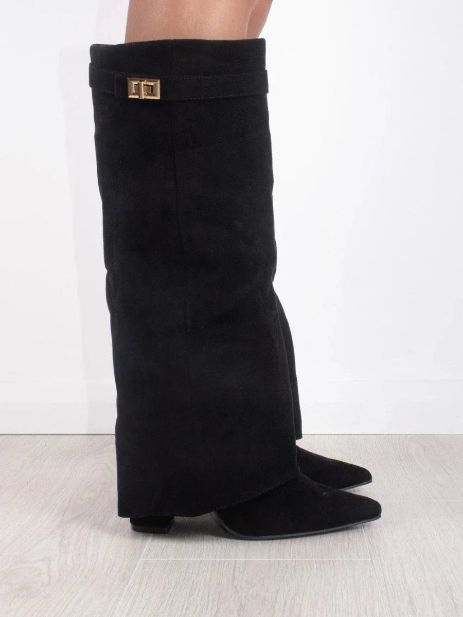 Thigh High Leather Boots with Adjustable Buckle and Block Heel, Cushioned Insole