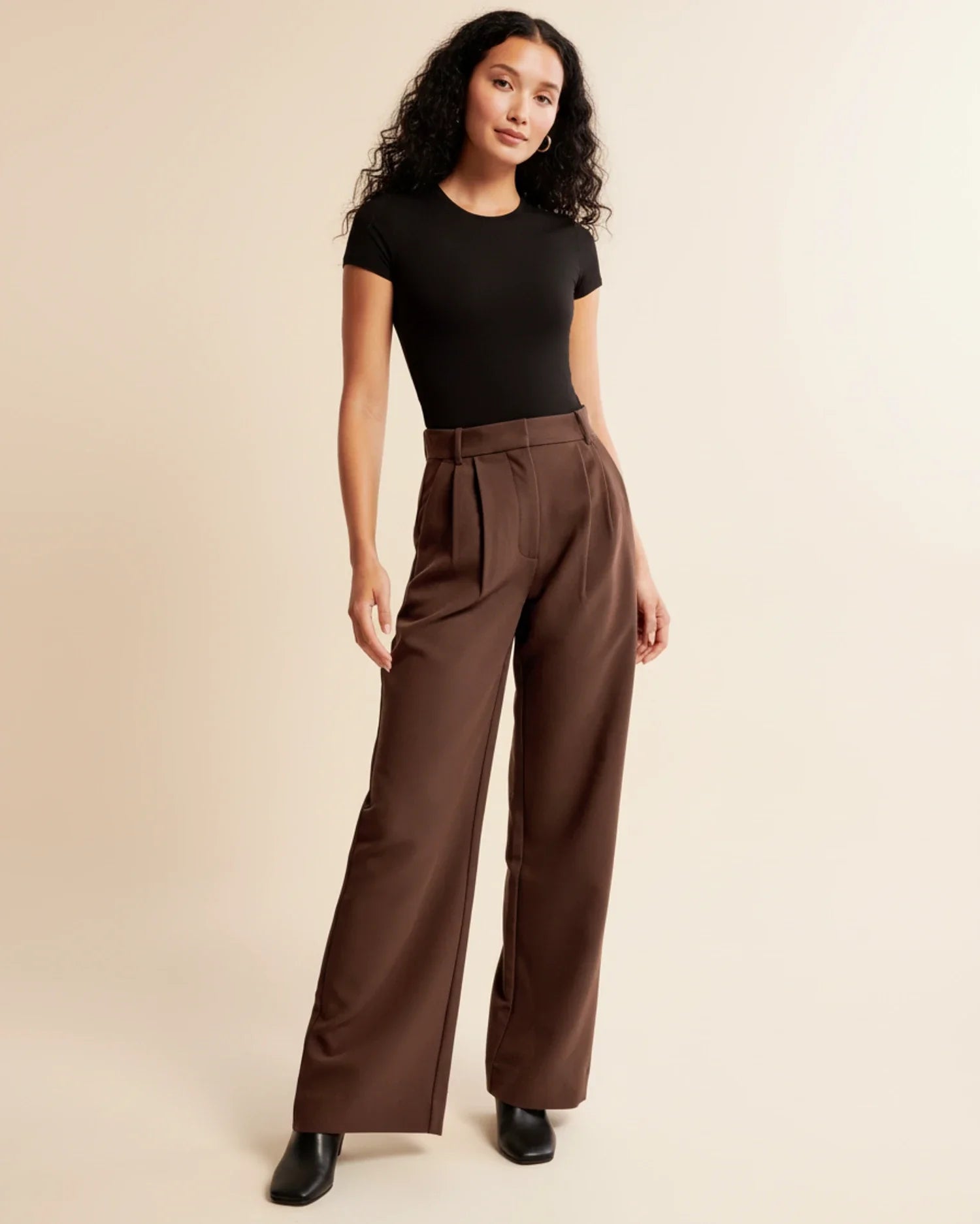 High Waist Pleated Trousers with Straight Leg and Rayon Blend, Machine Washable