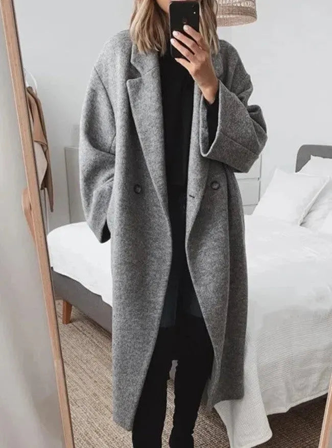 Women's Long Coat with Wool Blend and Double-Breasted Closure, Oversized Relaxed Fit