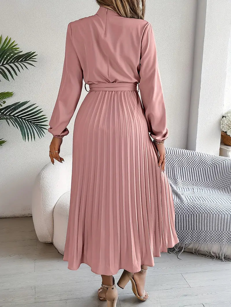 Long Sleeve Pleated Dress with Removable Belt and Hidden Zipper, Lightweight Polyester