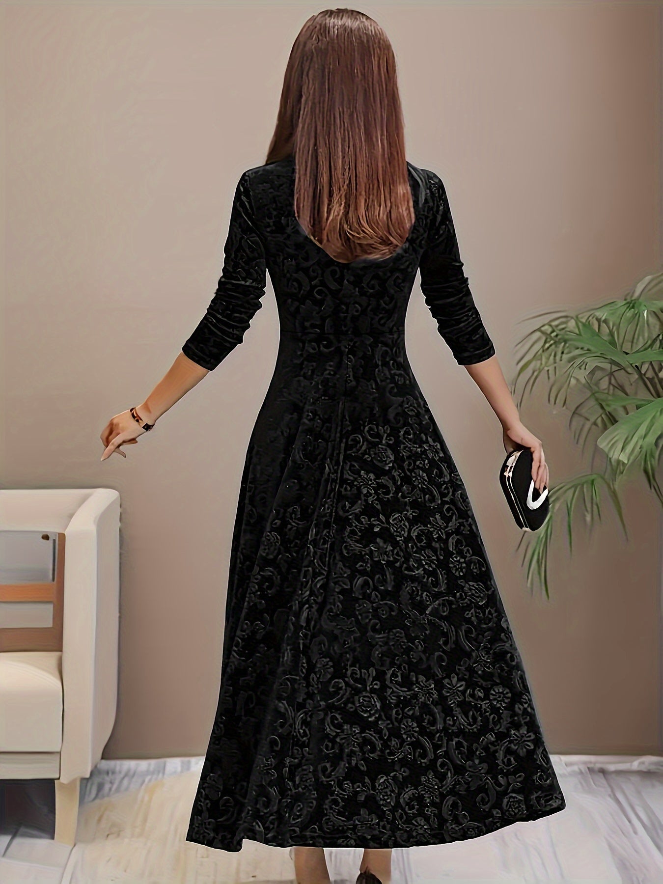 Velvet Midi Dress with Floral Embroidery and Three-Quarter Sleeves, Back Zipper