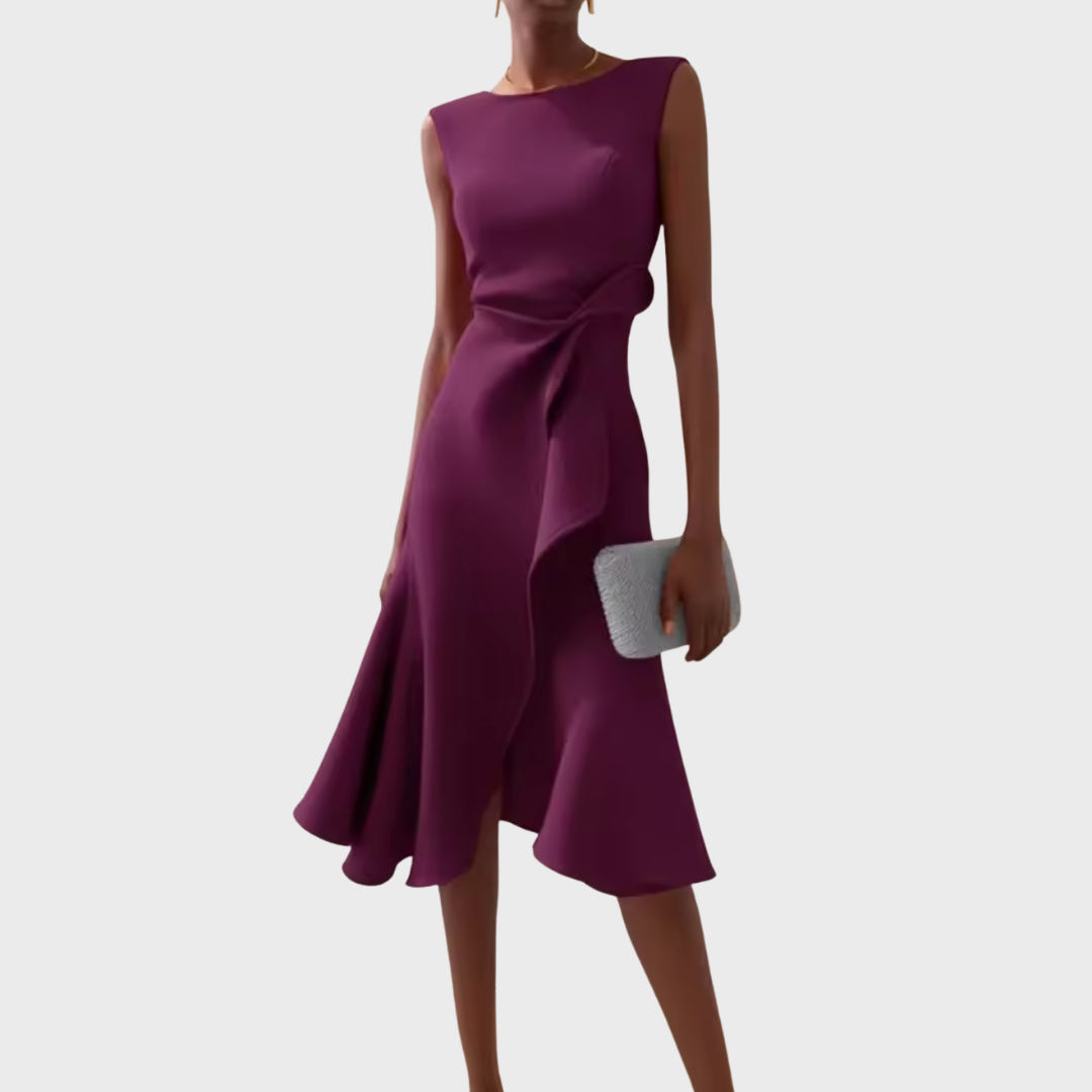 Asymmetric Midi Dress with Draped Detail and Sleeveless Cut, Lightweight Drapey Fabric