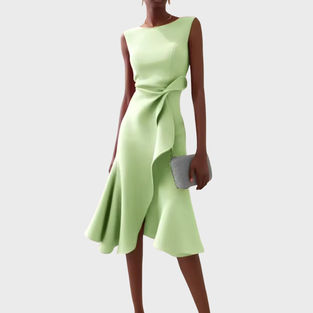 Asymmetric Midi Dress with Draped Detail and Sleeveless Cut, Lightweight Drapey Fabric