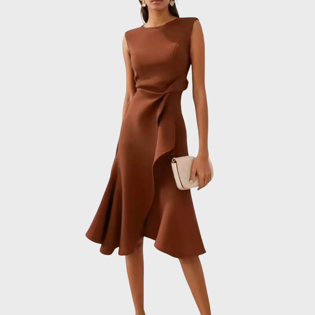 Asymmetric Midi Dress with Draped Detail and Sleeveless Cut, Lightweight Drapey Fabric