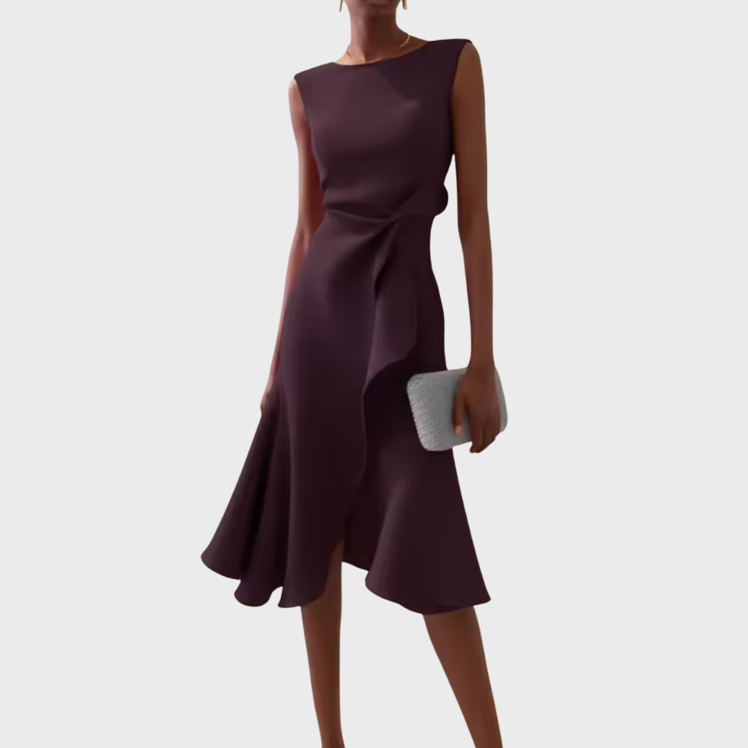 Asymmetric Midi Dress with Draped Detail and Sleeveless Cut, Lightweight Drapey Fabric