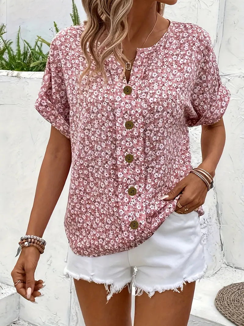 Women's Floral Blouse with Button Front and Lightweight Fabric, Loose Fit