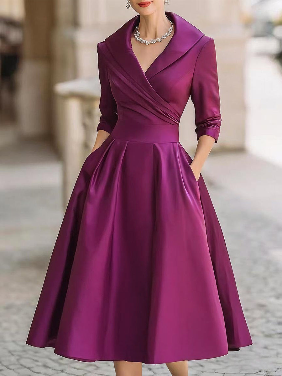 Satin-Like Midi Dress with Stretch Blend and Semi-Fitted Bodice, Mid-Calf Length