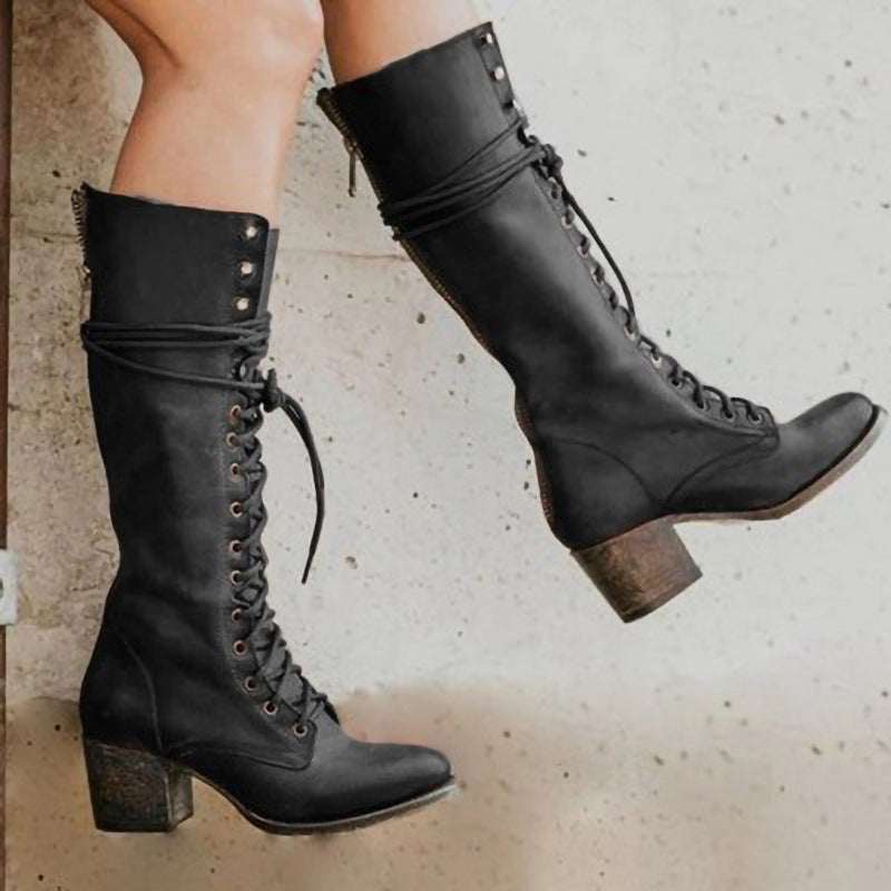 Knee High Lace Up Boots with Block Heel and Cushioned Insole, Synthetic Leather