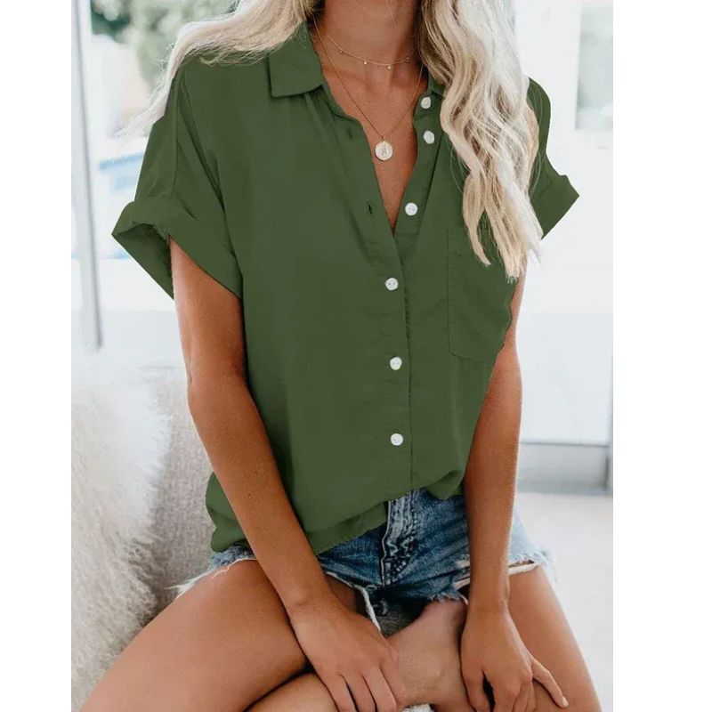 Womens Relaxed Fit Blouse with Button Front and Rolled Sleeve Detail