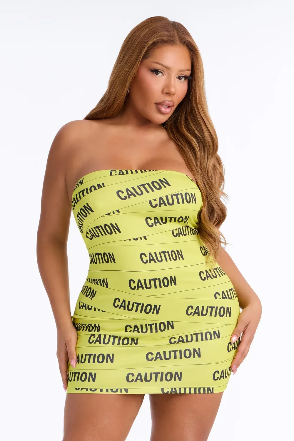 Yellow and Black Caution Print Mini Dress with Strapless Tube Neckline
