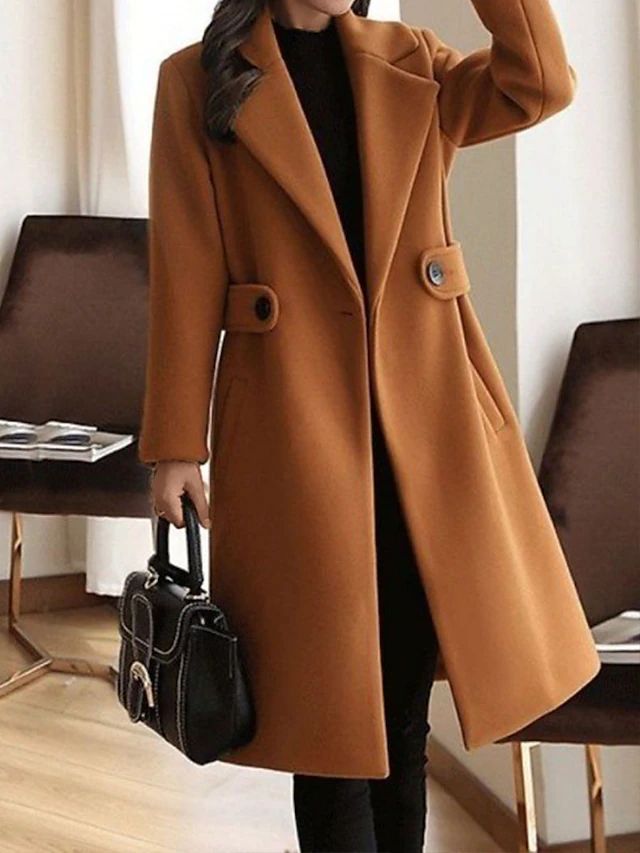 Women's Long Trench Coat with Wide Lapel Collar and Waist Tab Detail