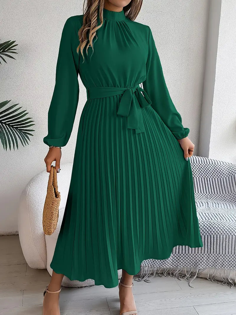 Long Sleeve Pleated Dress with Removable Belt and Hidden Zipper, Lightweight Polyester