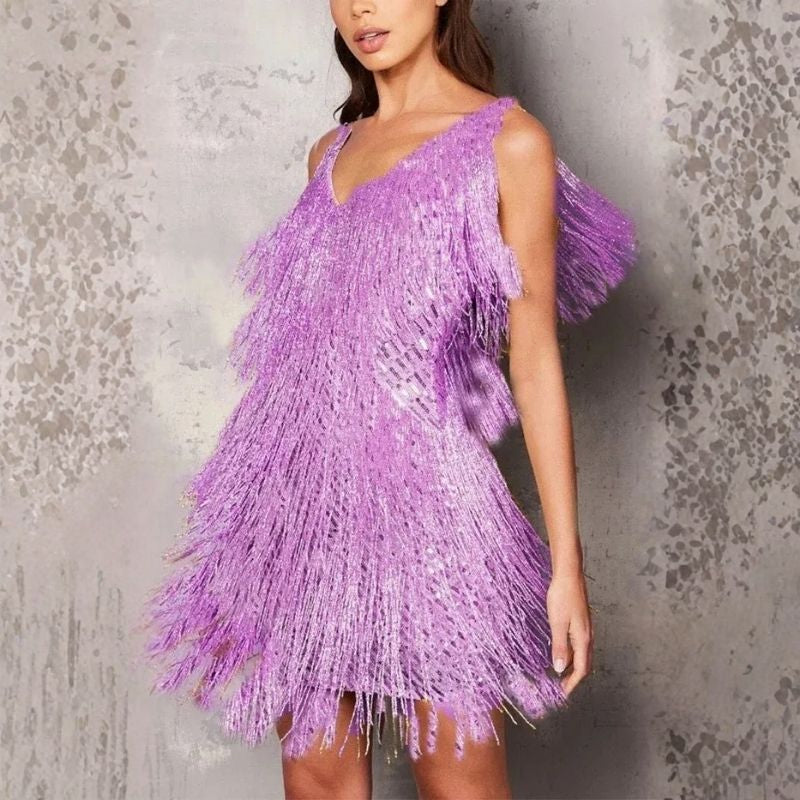 Womens A-Line Cocktail Dress with Cascading Fringe and Sequin Accents