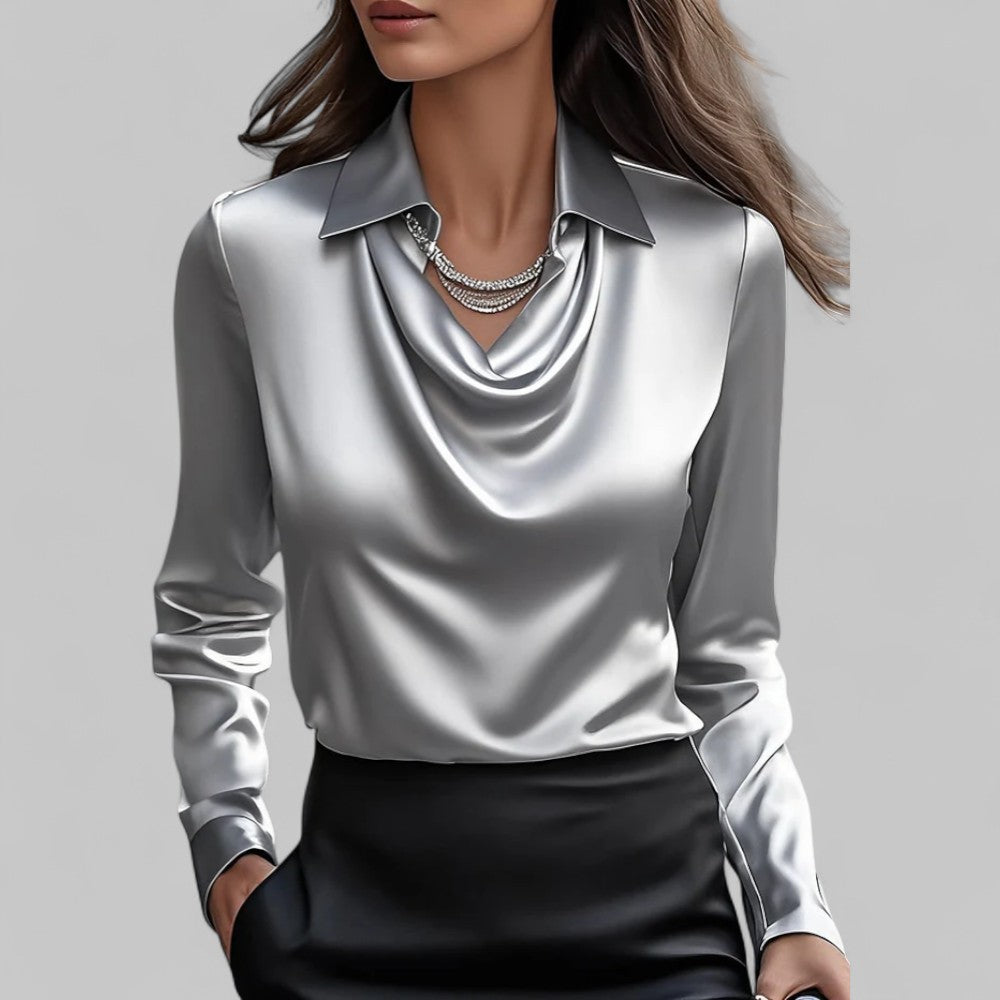 Women's Satin Blouse with Draped Neckline and Long Sleeves, Relaxed Tailored Fit
