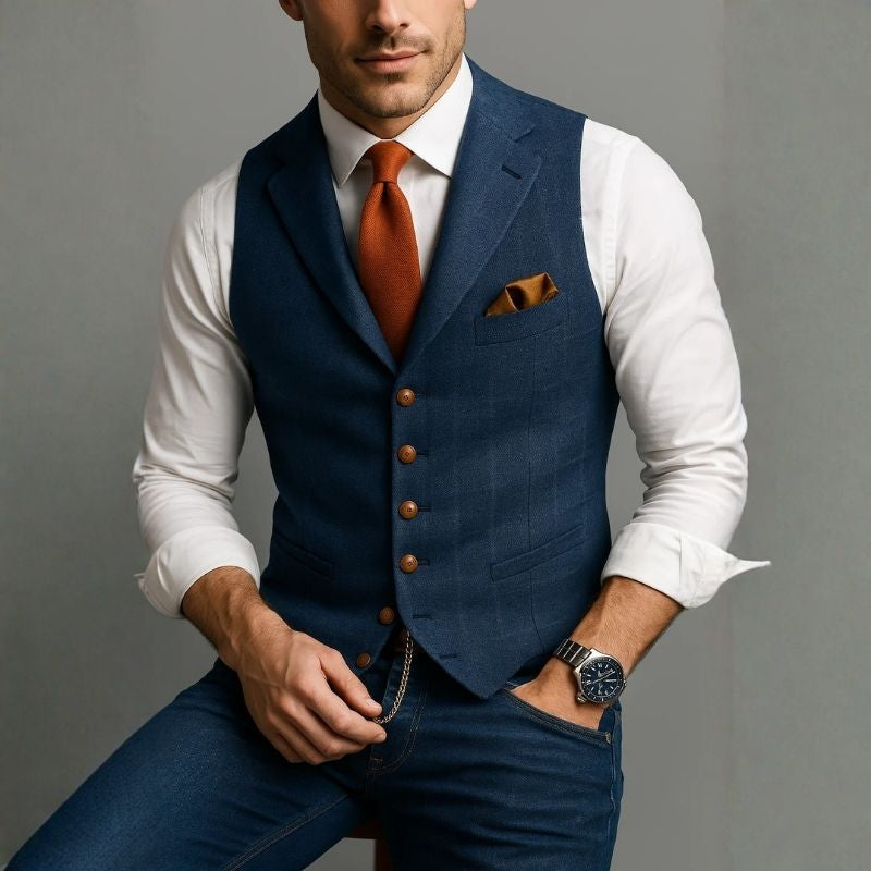 Mens Tweed Waistcoat with Notched Collar and Button Closure, Checked Silhouette