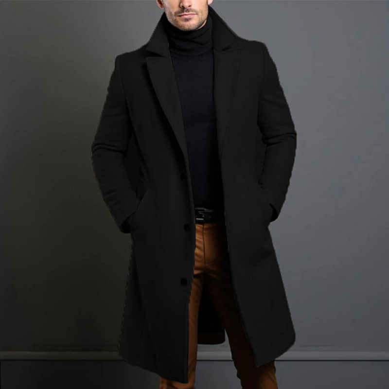 Men's Long Overcoat with Classic Lapel and Tailored Wool-Blend, Single-Breasted