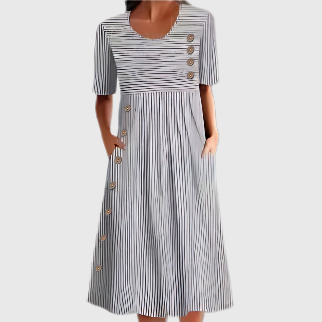 Striped Midi Dress with Three-Quarter Sleeves and Button Front