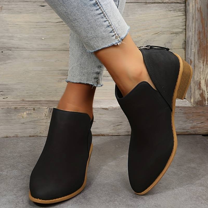 Women's Slip-On Boots with Low Block Heel and Cushioned Insole, Durable Traction Sole
