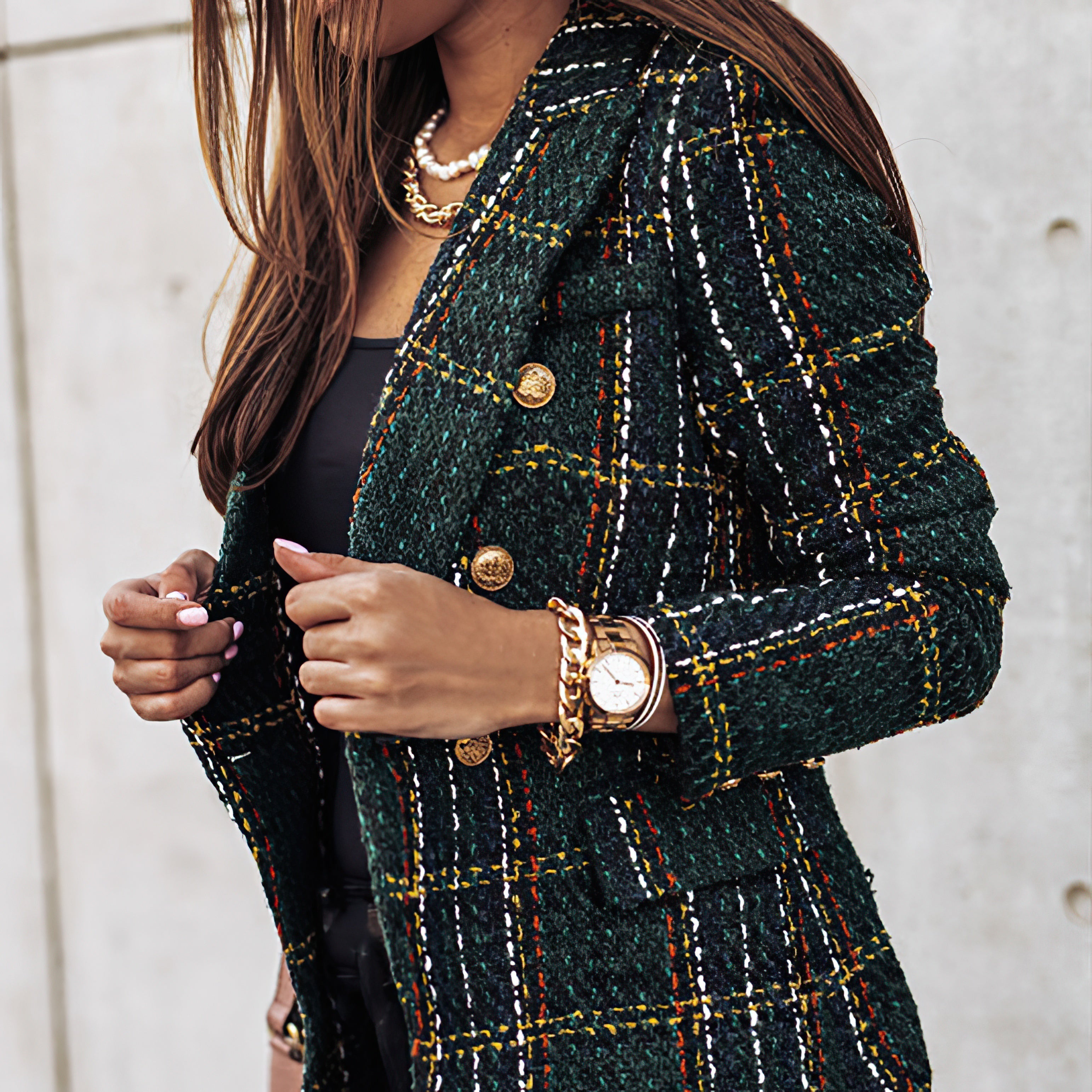 Double Breasted Check Blazer for Women and Button Cuffs
