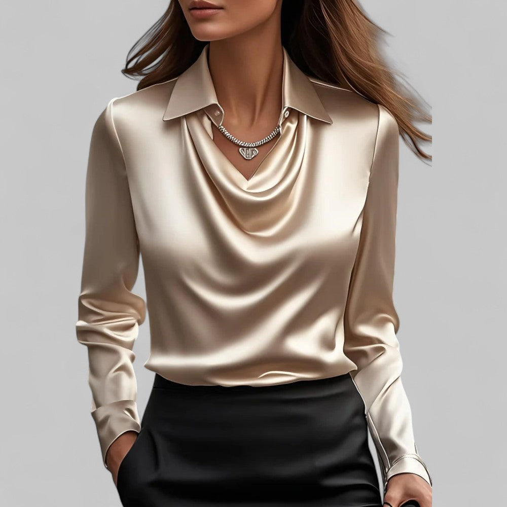 Women's Satin Blouse with Draped Neckline and Long Sleeves, Relaxed Tailored Fit