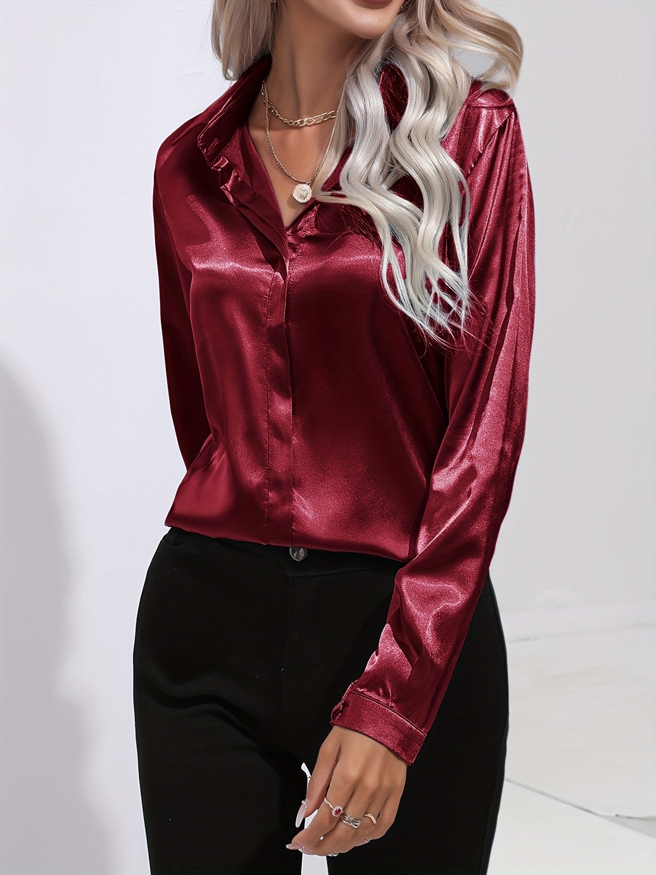 Satin Blouse for Women with Button Down Front and Long Sleeves, Tailored Relaxed Fit